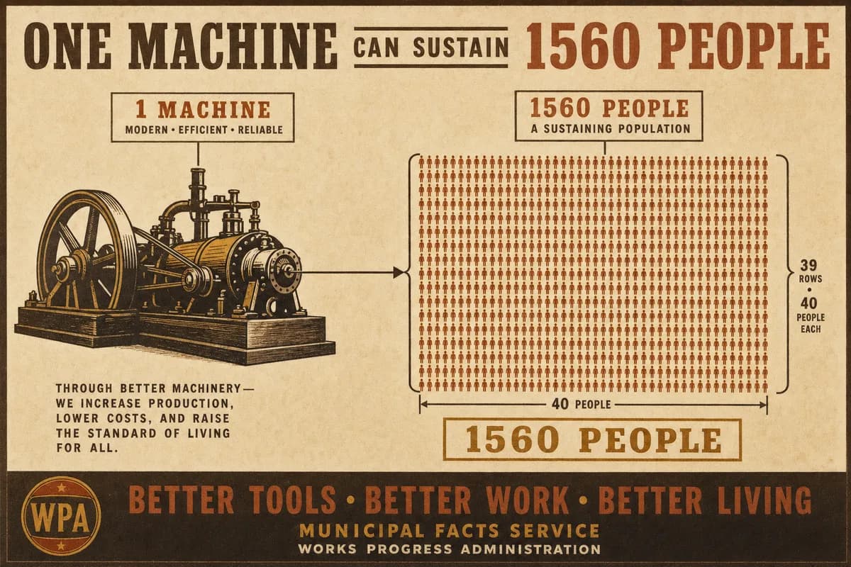 A single machine on the left linked to a large bracketed grid of identical small figures labeled as one sustaining population.