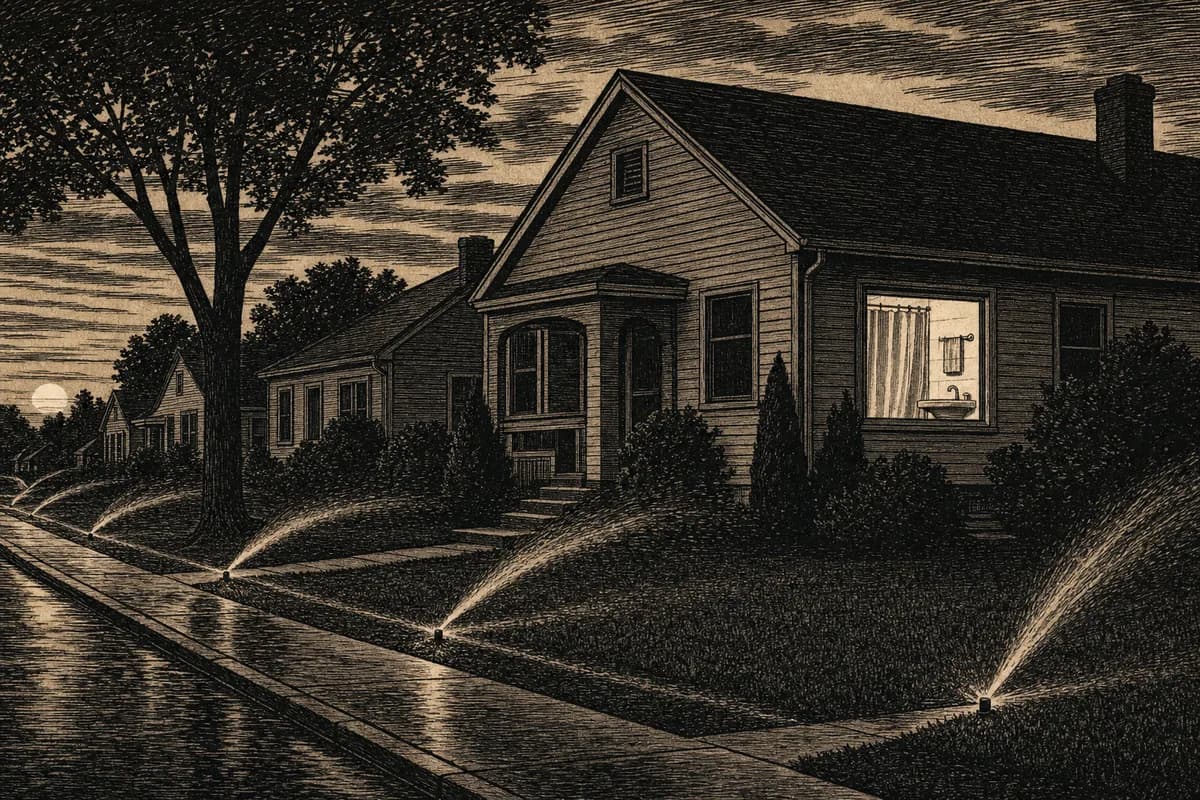 A woodcut of a suburban house at dusk with one lit window, while sprinklers water the neighboring lawns.