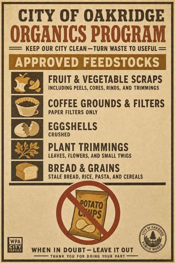 A placard listing approved feedstocks above a heavy line and a red prohibition circle over a snack bag below it.