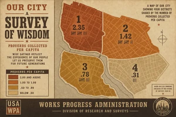 A shaded district map with tally marks and a legend showing proverbs collected per capita.