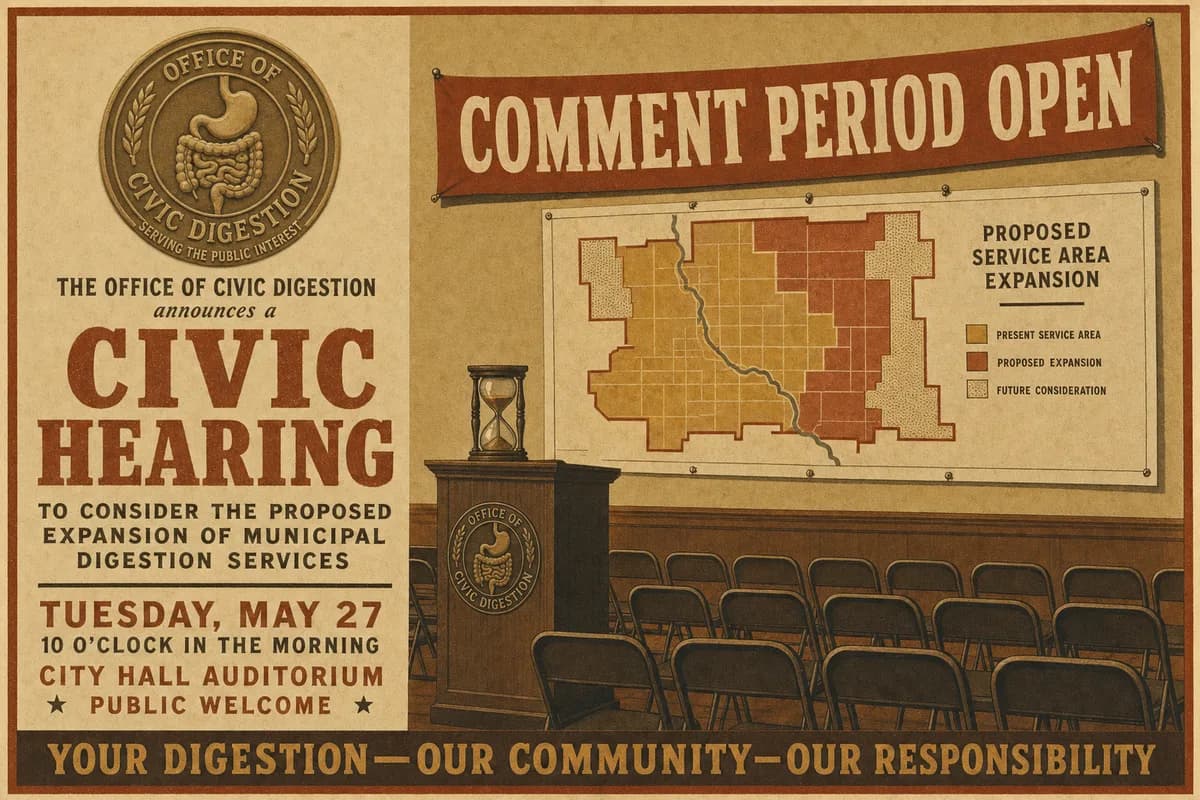 A municipal hearing announcement stamped with the seal of the Office of Civic Digestion, showing a podium with a small sand timer before rows of empty folding chairs and a pinned expansion map, beneath a banner reading COMMENT PERIOD OPEN.