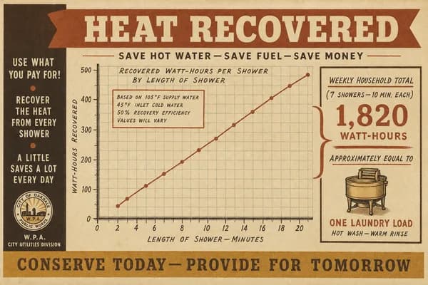 A ruled chart of energy recovered per shower at different durations, with a bracket comparing the weekly total to a single laundry load.