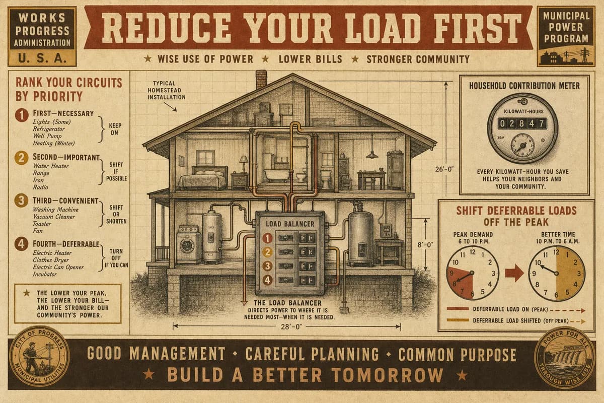 A vintage homesteading-manual diagram of a house in cutaway with its electrical panel labeled as a load balancer, small callouts ranking circuits by priority and arrows shifting deferrable loads off a peak-demand window on a clock, titled REDUCE YOUR LOAD FIRST, in cream, brown, and ochre tones.