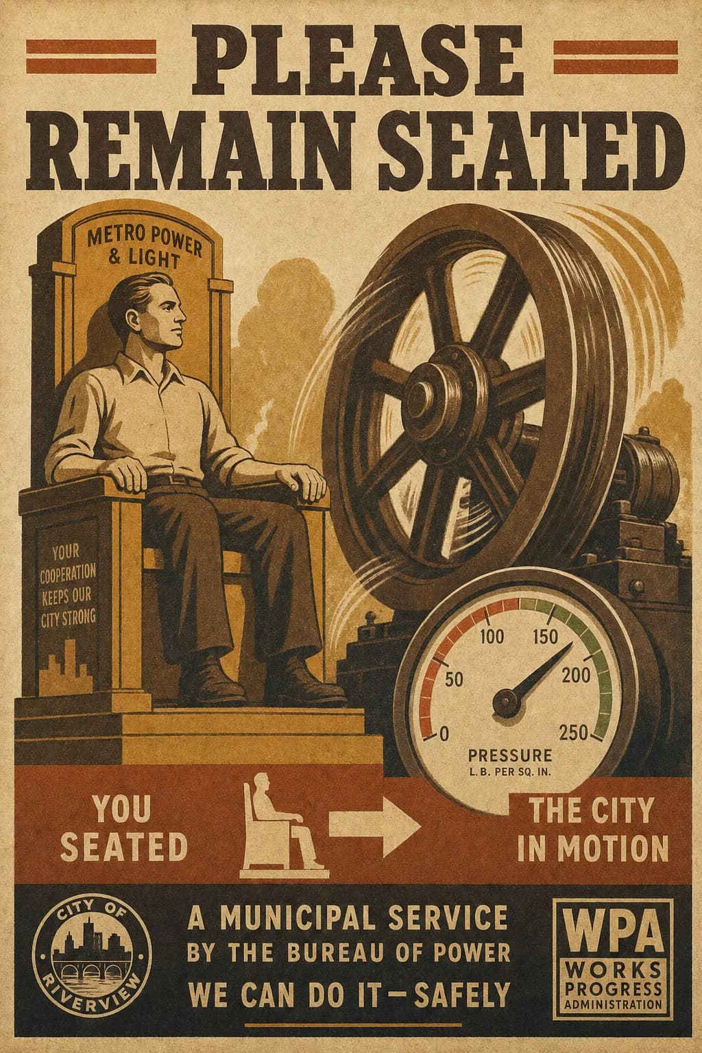 An industrial safety-notice poster showing a calm seated figure on a metered municipal throne beside a spinning flywheel turbine and a pressure gauge whose needle climbs from red into green, directional arrows around them, captioned PLEASE REMAIN SEATED.