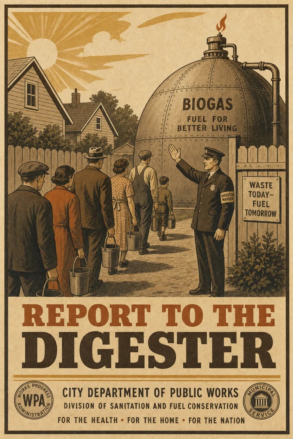 A mobilization-style poster of orderly citizens filing toward a large riveted backyard biogas digester dome, a uniformed digestion warden directing them with a raised arm while a small flame burns at the vent in the morning light, captioned REPORT TO THE DIGESTER.