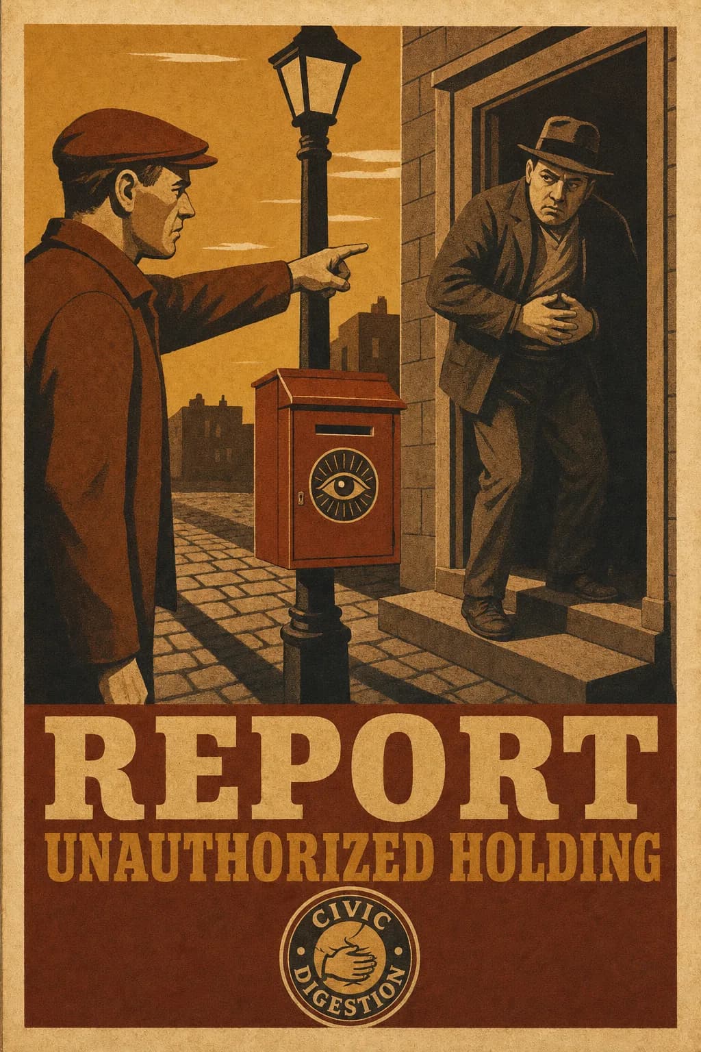 A civic-vigilance poster of a watchful citizen in profile pointing out a furtive neighbor who presses both hands to his midsection in a doorway, a municipal reporting box mounted on a lamppost between them under long evening shadows, captioned REPORT UNAUTHORIZED HOLDING.