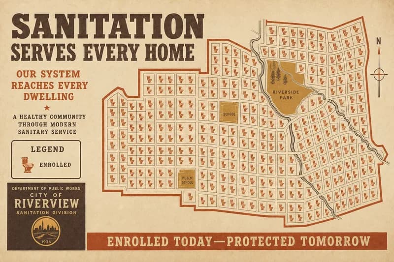 A municipal map with small toilet symbols on every dwelling, all shaded the same, and a one-entry legend.
