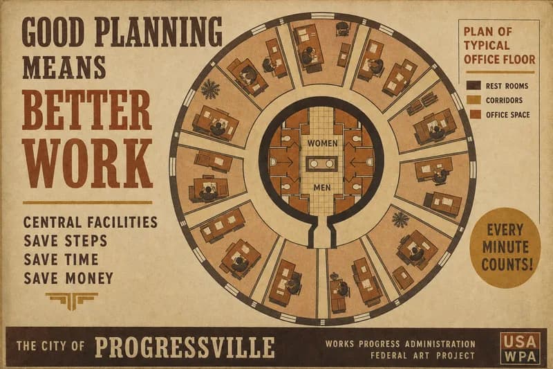 A diagram of an office floor plan with a restroom circled by a heavy boundary line broken only at a keyhole shape.