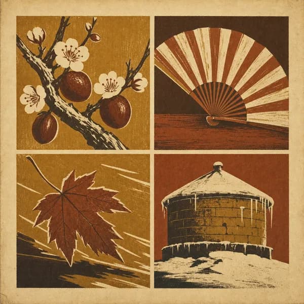 Four small woodcut vignettes arranged in a grid: a blossoming branch, a folding fan, a falling leaf, and a snow-topped water tank.