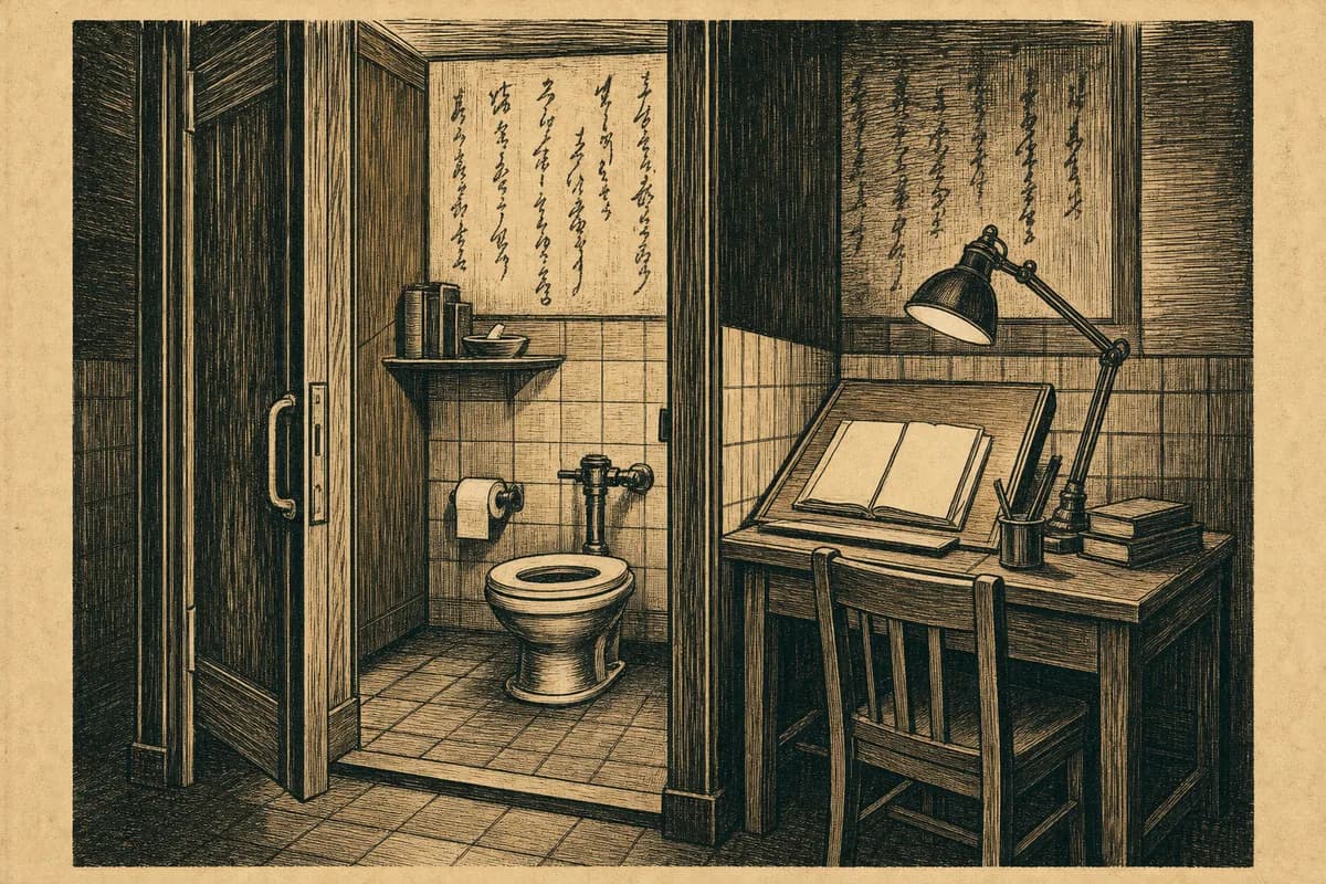A quiet restroom stall drawn as a scholar's study in black-line engraving, faint verse just visible on the wall, a small transcription desk with a lamp standing outside the door.