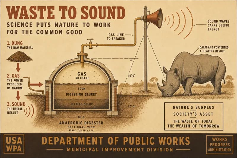 A cutaway diagram of a biogas digester with a gas pipe feeding a horn loudspeaker that broadcasts sound arcs toward a grazing rhinoceros, with energy-flow arrows from dung to gas to sound.