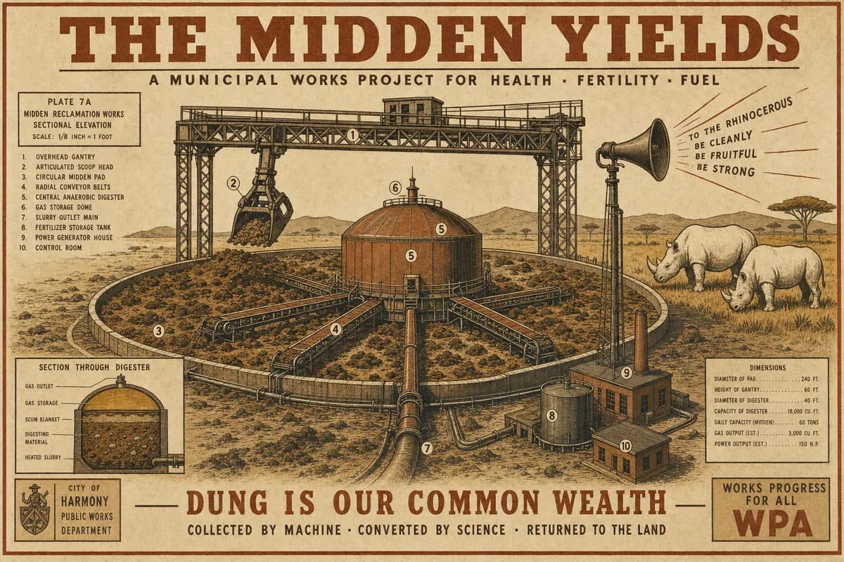 A Victorian engineering plate of an automated rhinoceros midden reclamation works: an overhead gantry with a scoop head above a broad circular dung midden, radial conveyor belts feeding a domed digester, and a horn loudspeaker on a pole facing two grazing white rhinos, under a banner reading THE MIDDEN YIELDS
