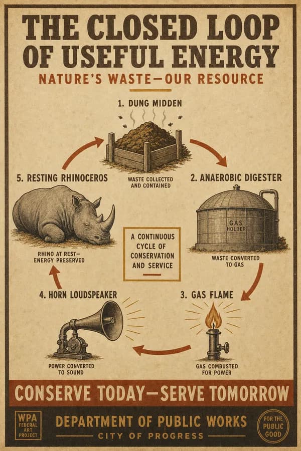 A circular five-stage control-loop diagram — midden, digester, flame, loudspeaker, and a resting rhino — with arrows running clockwise to close the cycle.