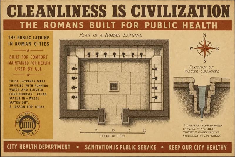An engraved floor plan of a Roman latrine with bench seating along three walls and a water channel drawn in section.
