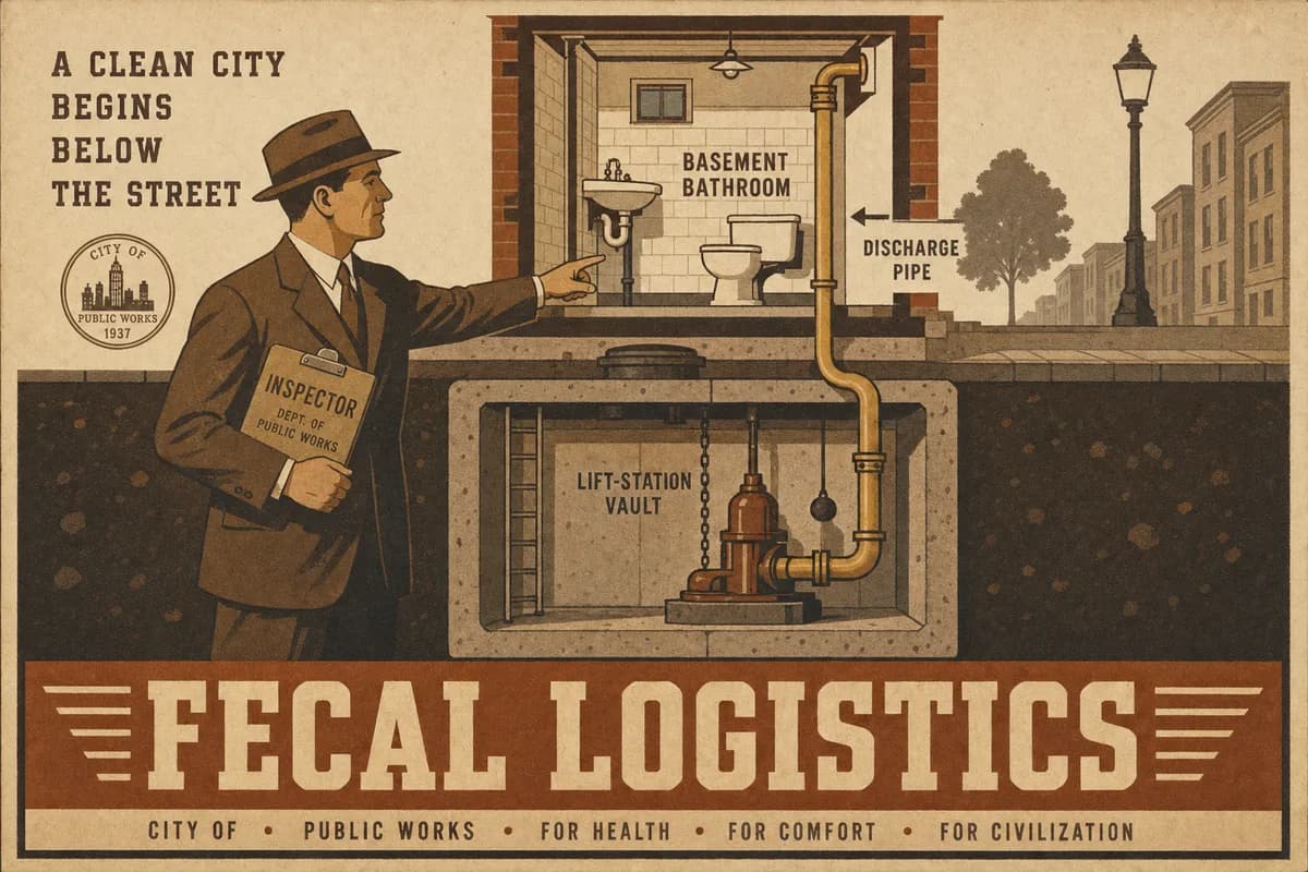 A poster-style cutaway illustration of a house basement bathroom above a municipal sewer vault, an inspector pointing to the rising pipe that connects them, beneath the words FECAL LOGISTICS.