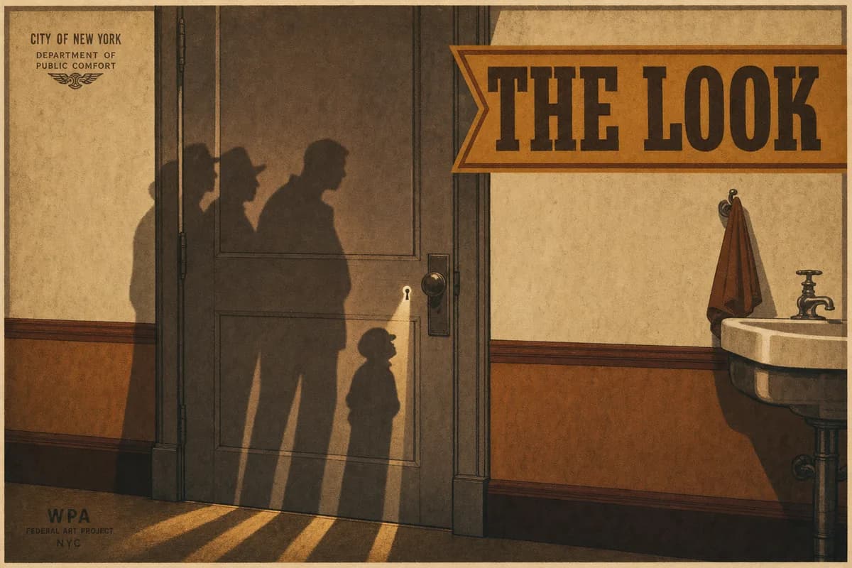 An engraving of a closed restroom door seen from within, a keyhole glowing, and the shadows of several waiting figures thrown across the door by light from beyond, a banner reading THE LOOK above.