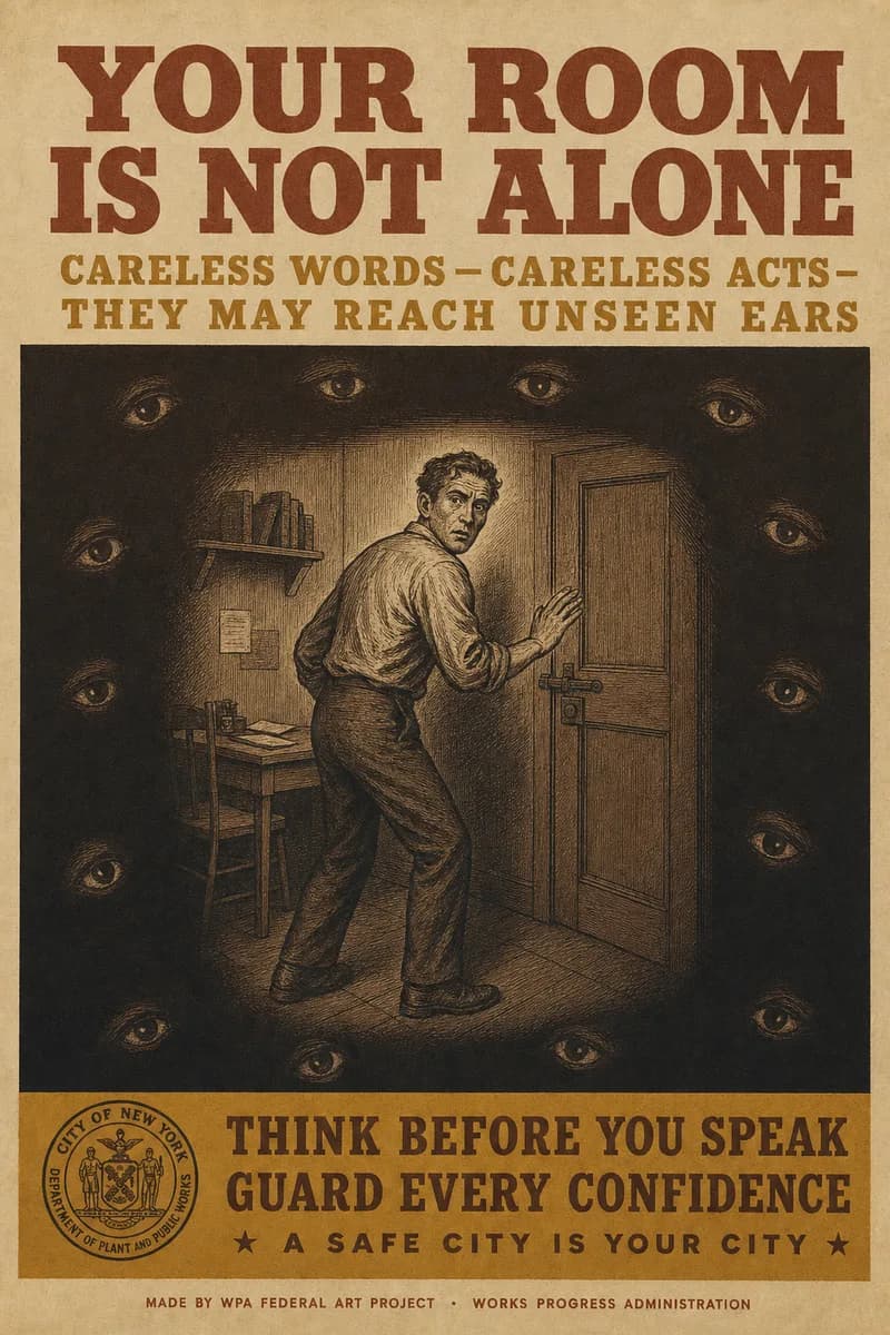An engraving of a lone figure inside a closed chamber turning as if suddenly aware of being watched, faint eyes in the surrounding dark.