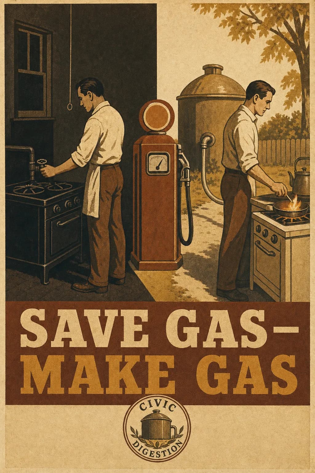 A fuel-rationing poster split in two: on the left a citizen shutting off a mains gas ring at a darkened stove, on the right the same citizen lighting a bright flame fed from a backyard digester, an idle filling-station pump between them, captioned SAVE GAS—MAKE GAS.