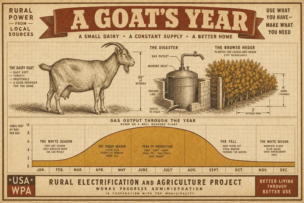A vintage homesteading-manual chart of a goat's biogas output rising through spring and summer and falling through autumn and winter, a small digester beside a browse hedge, titled A GOAT'S YEAR, in cream, brown, and ochre tones.