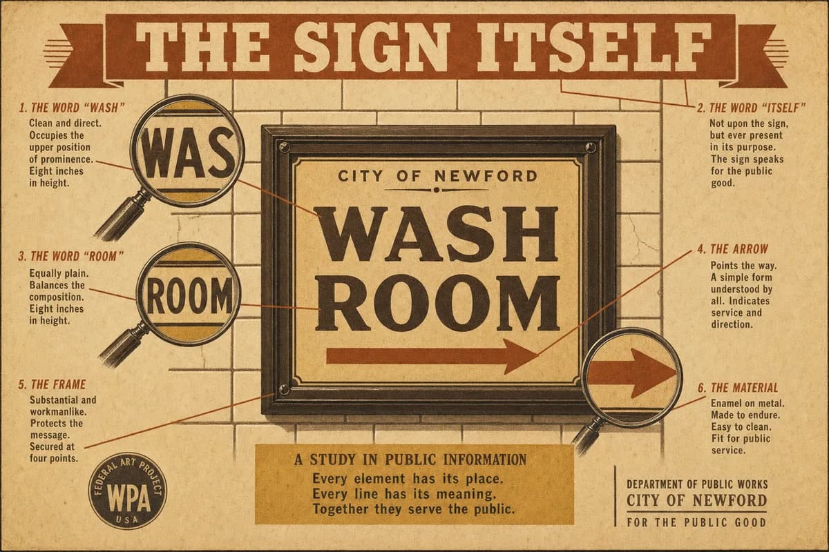 A Victorian anatomical study of a framed washroom sign mounted on tile, with magnifying lenses trained on individual words and hand-labeled annotation lines running out to margin notes, beneath a banner reading THE SIGN ITSELF.