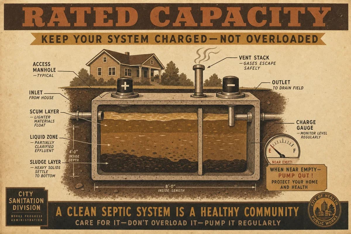 A Victorian scientific cutaway of a buried residential septic tank drawn as an oversized battery cell with plus and minus terminals, a small charge gauge reading nearly empty and a vent stack releasing wisps of gas, with dimension lines and a banner reading RATED CAPACITY