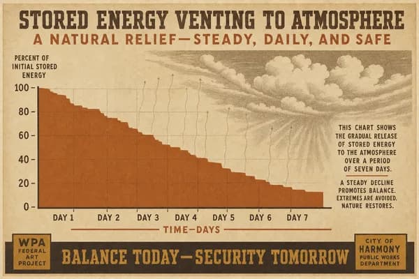 A declining stepped curve showing stored energy lost through a vent over seven days.