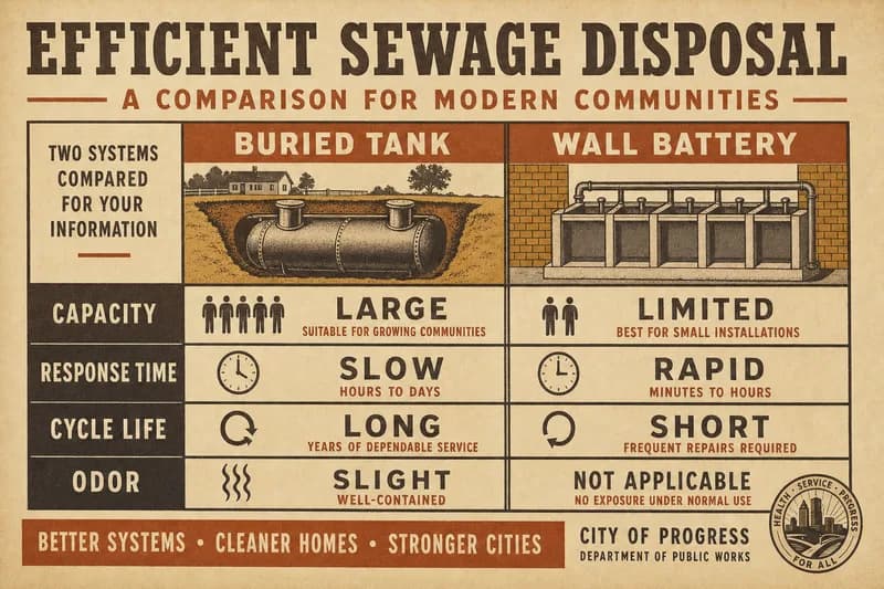 A ruled two-column specification table comparing a septic tank and a wall battery across four rows.