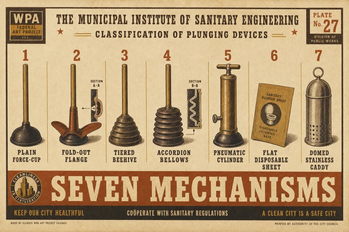 A cream WPA-style plate showing seven plungers of distinct mechanisms in a numbered row, from a plain rubber cup to a pneumatic cylinder, beneath the words SEVEN MECHANISMS.