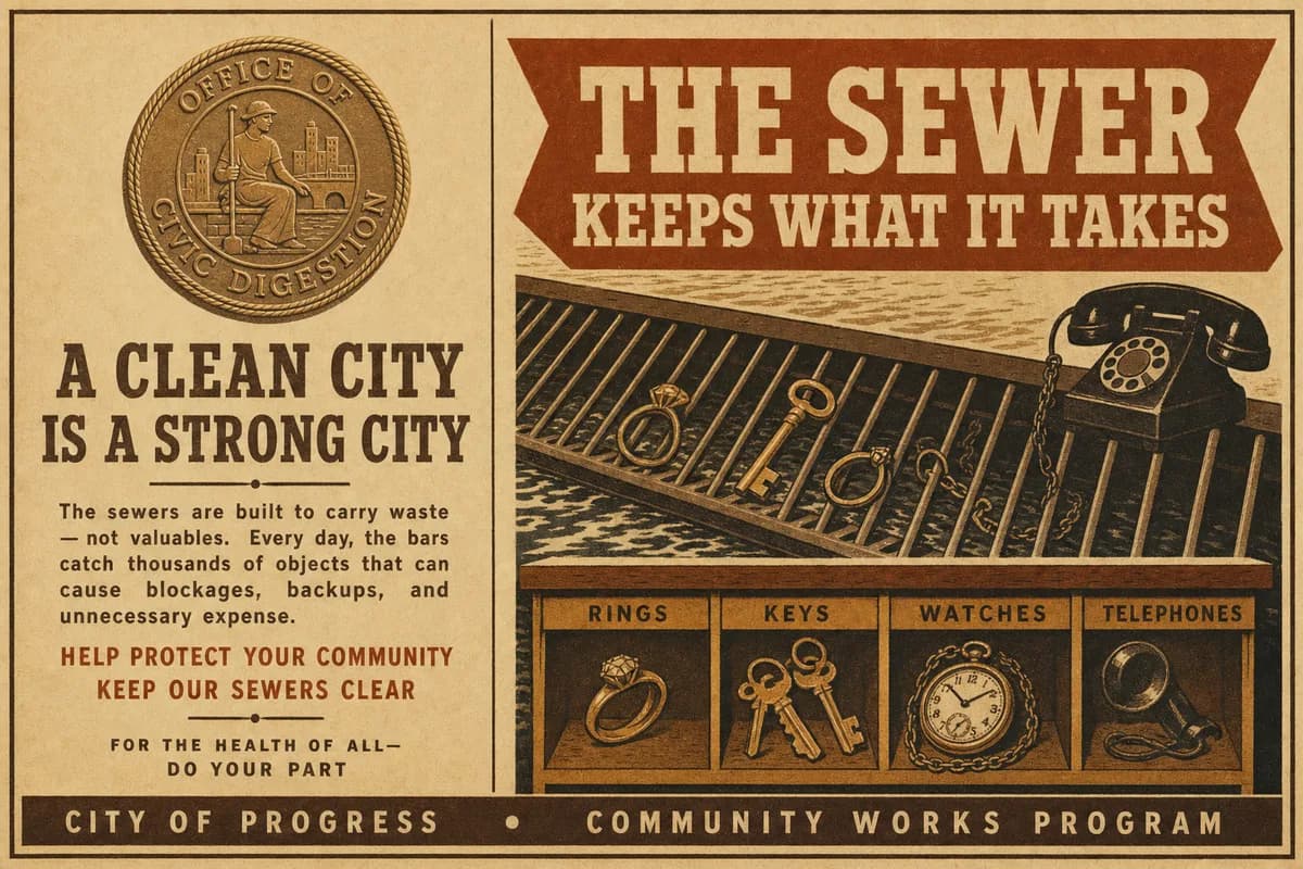 A municipal recovery notice bearing the seal of the Office of Civic Digestion, showing a sewer bar screen catching rings, keys, and a telephone above a labeled holding shelf, beneath a banner reading THE SEWER KEEPS WHAT IT TAKES.