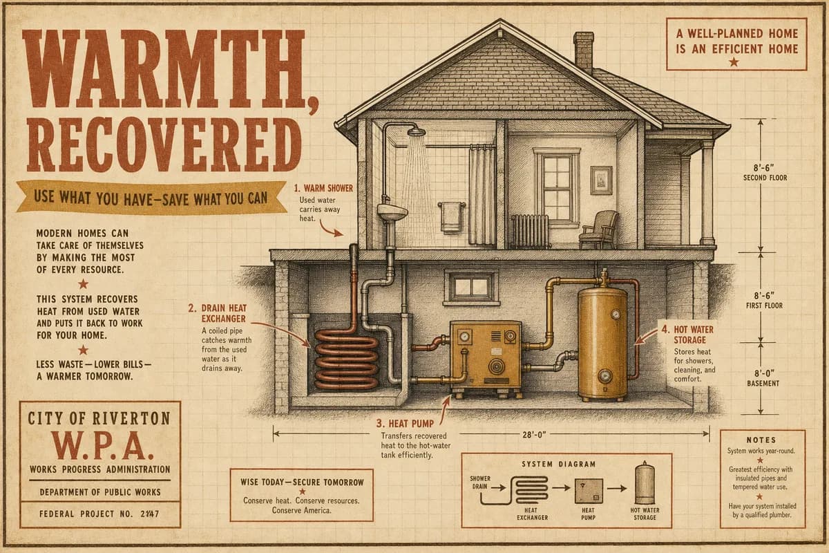 A vintage homesteading-manual cutaway of a house in section, a shower upstairs draining through a coiled heat exchanger in the basement, a small heat pump feeding a hot-water tank, labeled throughout, titled WARMTH RECOVERED.