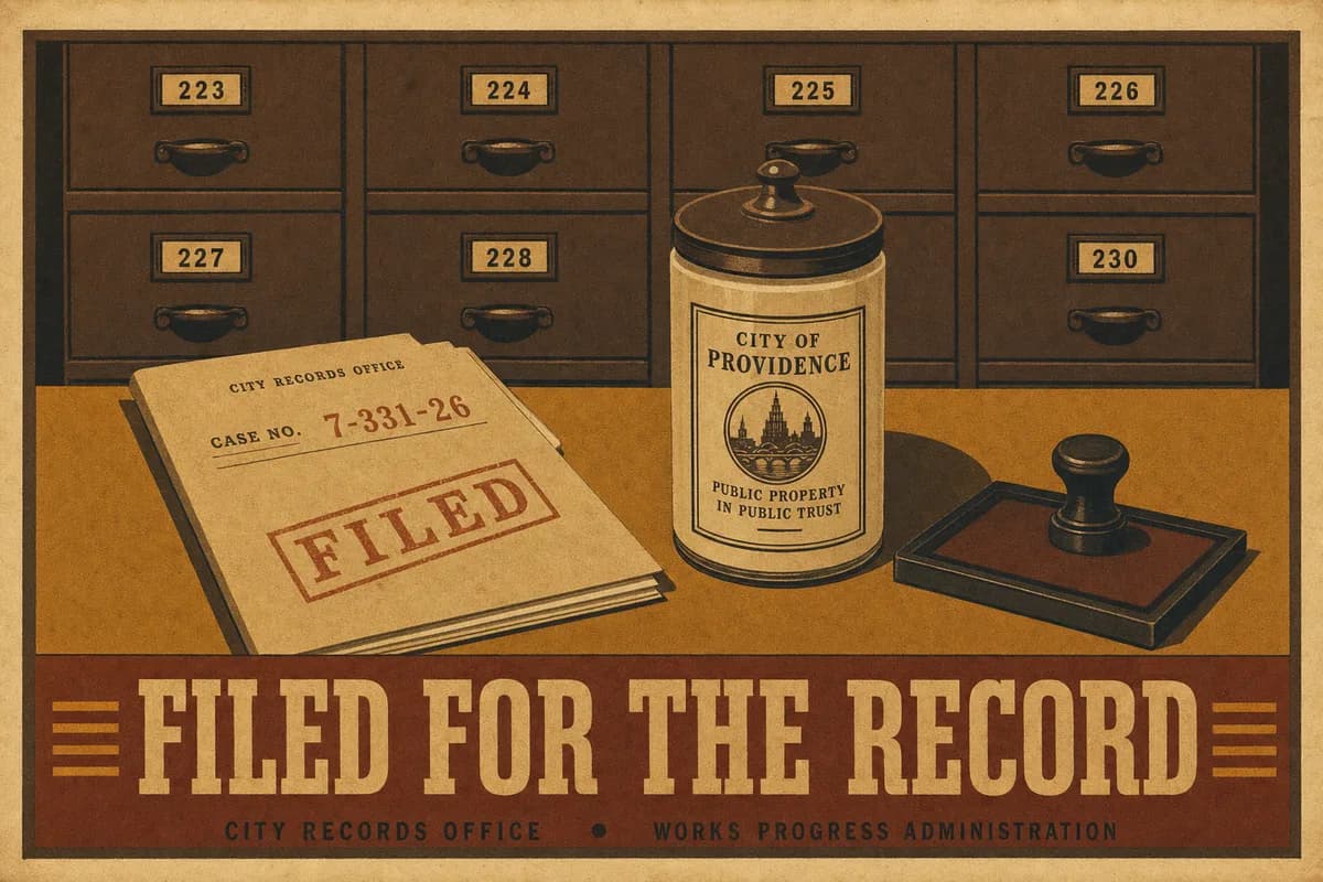 A single lidded candle jar on an official filing desk beside a stamped case folder and rows of numbered file drawers, beneath a banner reading FILED FOR THE RECORD.