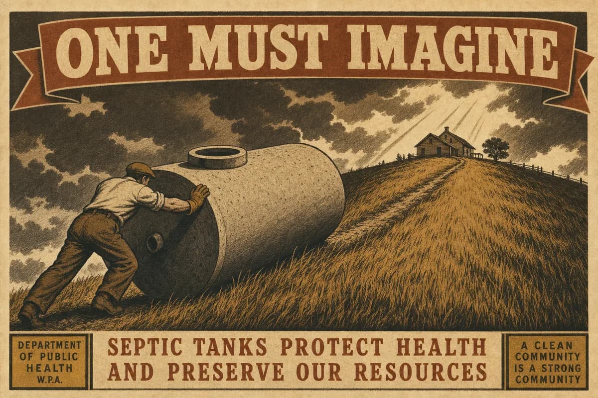 An engraving of a lone figure in work gloves leaning into an enormous concrete septic tank and rolling it up a long grassy hill toward a small farmhouse, storm light behind, with a banner reading ONE MUST IMAGINE.