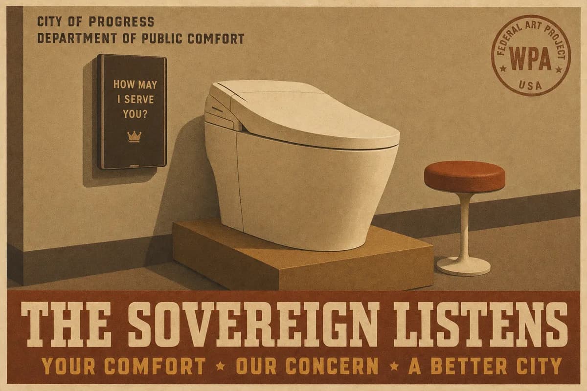 A sleek smart toilet on a low pedestal seen at a three-quarter angle on a cream background, a short question shown on its wall panel and a small stool placed beside it, beneath the words THE SOVEREIGN LISTENS.
