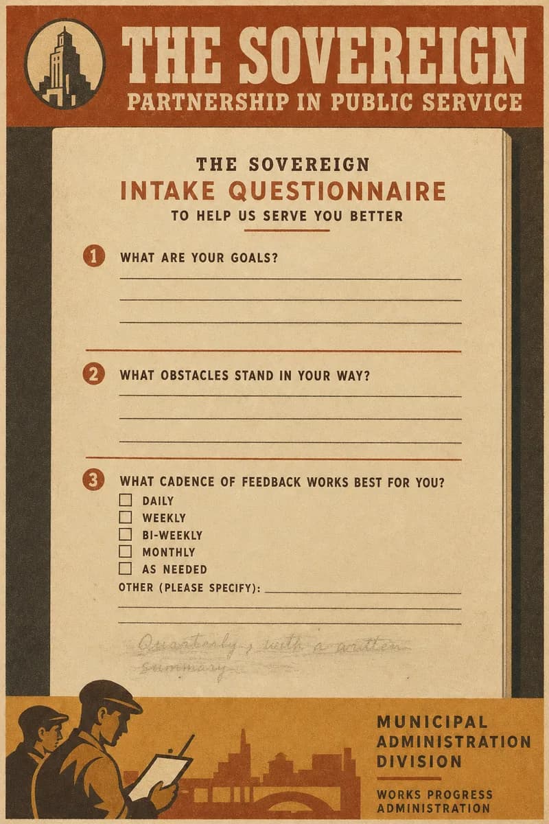 A printed questionnaire with ruled fields for personal goals and feedback preferences, one answer erased.