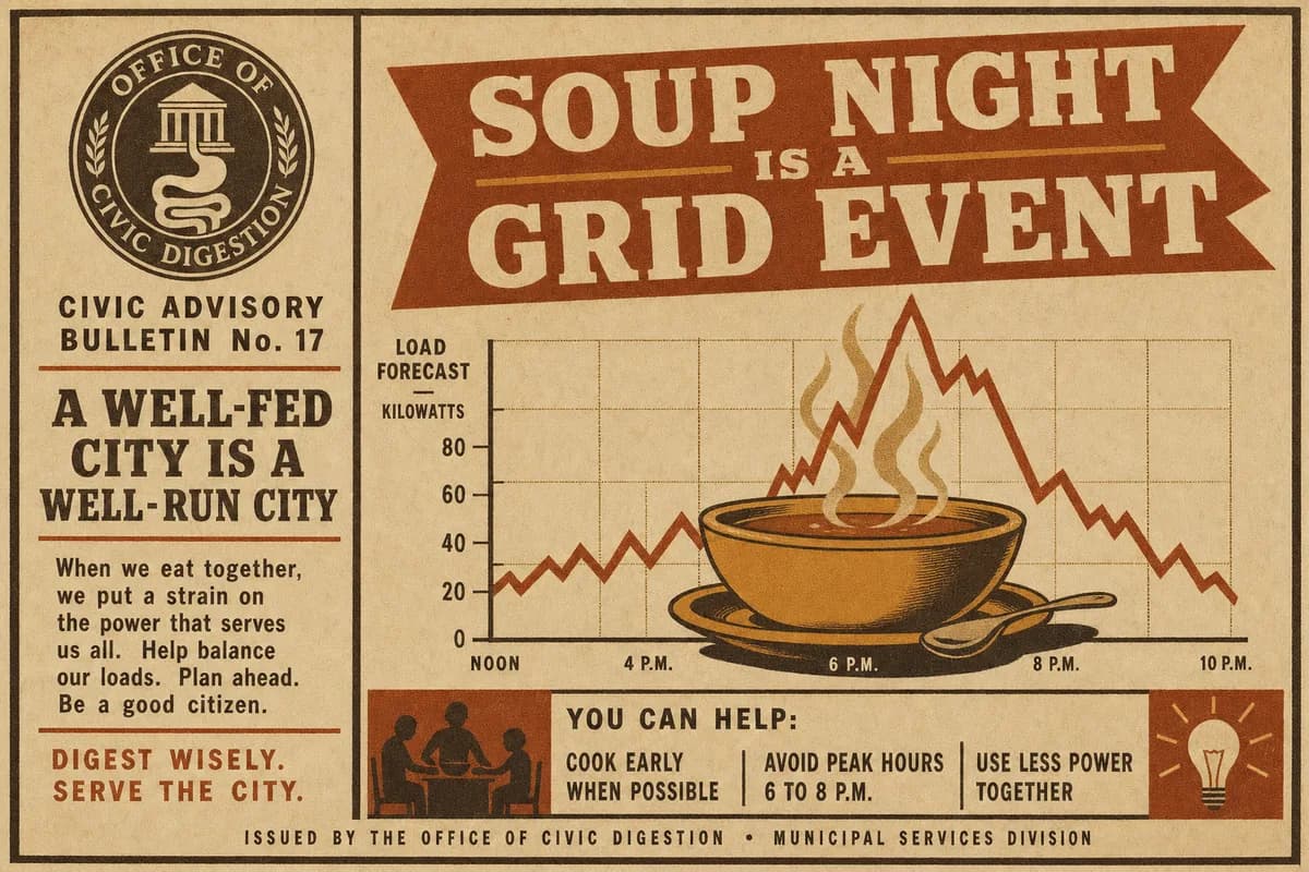 A municipal advisory bulletin stamped with the seal of the Office of Civic Digestion, showing a sharply spiking line graph above a steaming bowl of soup, beneath a banner reading SOUP NIGHT IS A GRID EVENT.