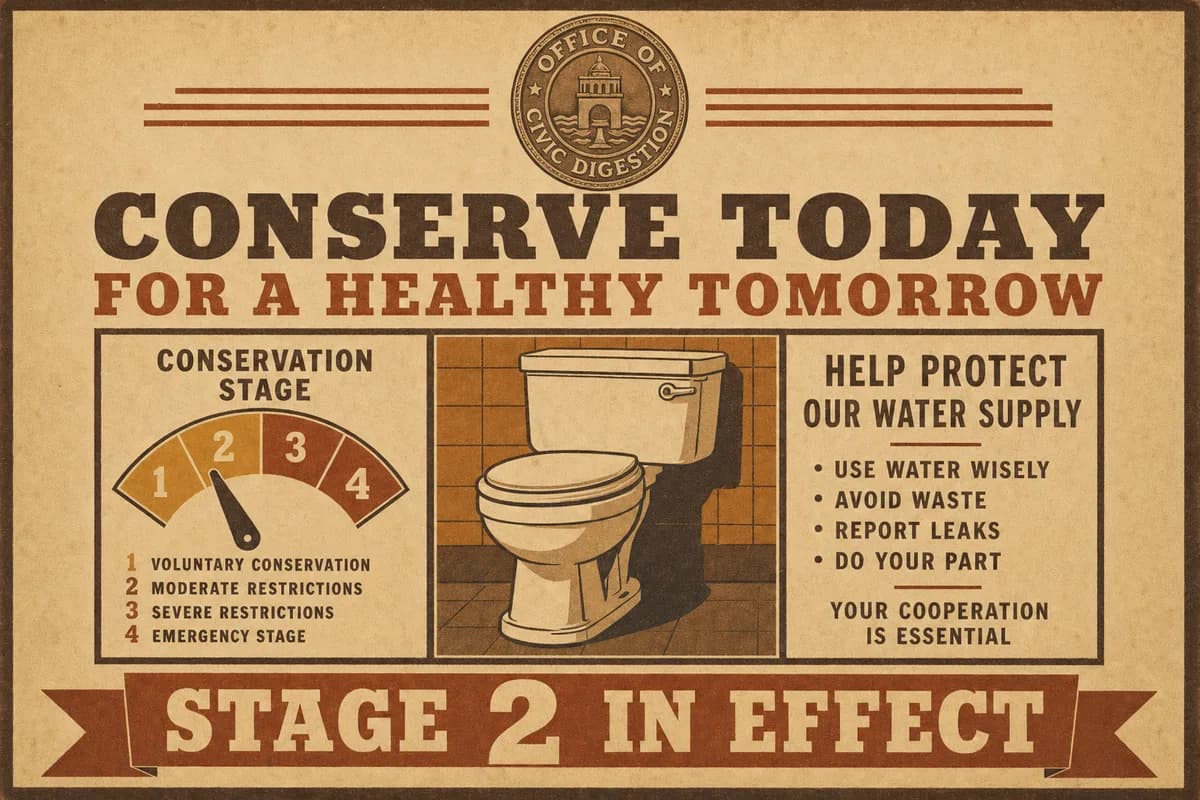 A municipal conservation alert placard bearing the seal of the Office of Civic Digestion, showing a four-level stage dial with the pointer set to the second mark above a single centered toilet, beneath a banner reading STAGE 2 IN EFFECT.