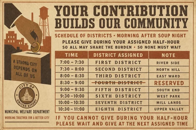 A ruled schedule chart assigning numbered districts to half-hour time windows, one window crossed out.