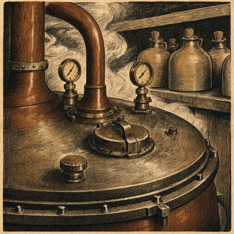 A woodcut showing the lid of a great cauldron fitted with copper pipes and small gauges, steam rising past shelves of crocks.