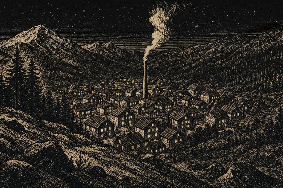 A woodcut of a small mountain village at night with lit windows and one tall chimney releasing steam.