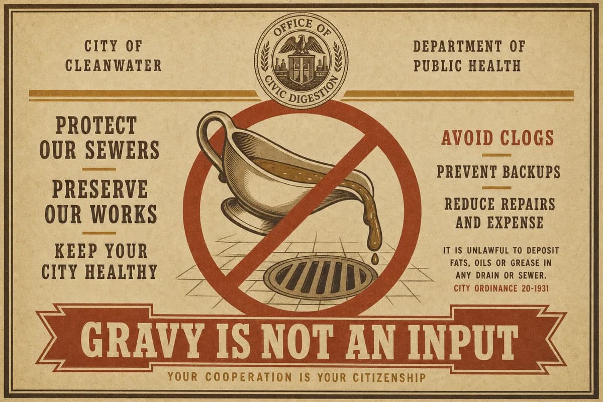 A municipal warning notice bearing the seal of the Office of Civic Digestion, showing a gravy boat tipping into a floor drain with a red prohibition circle across the pour, beneath a banner reading GRAVY IS NOT AN INPUT.