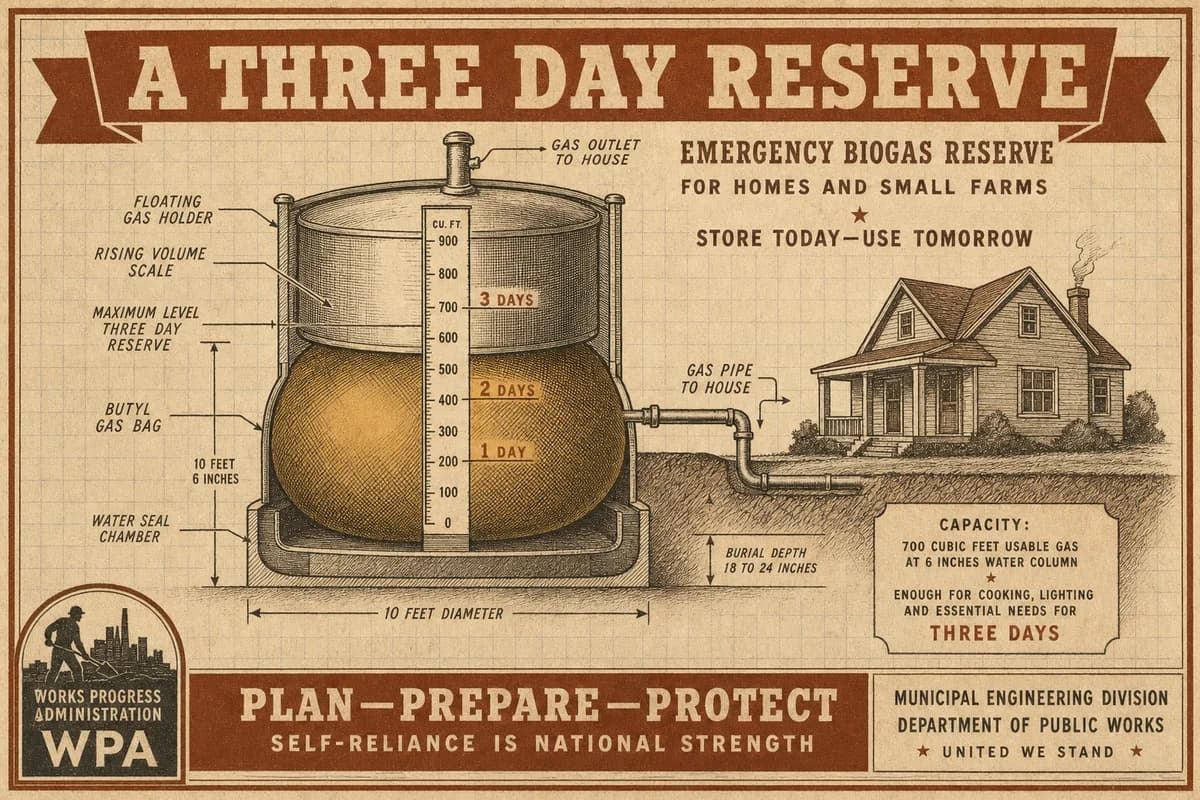 A vintage homesteading-manual diagram of an emergency methane reserve: a large floating gas holder and a bulging butyl gas bag beside a small house, a three-day mark on the holder's rising scale, titled A THREE DAY RESERVE, in cream, brown, and ochre tones.