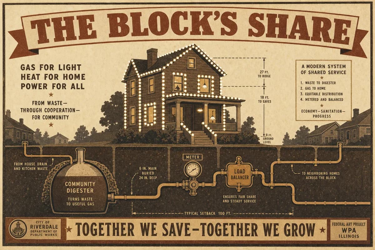 A Victorian scientific rendering of a two-story suburban house outlined in strung lights, fed by a buried pipe from a backyard digester and from tributary pipes crossing the neighbors' lawns, a meter and load balancer labeled, a banner reading THE BLOCK'S SHARE
