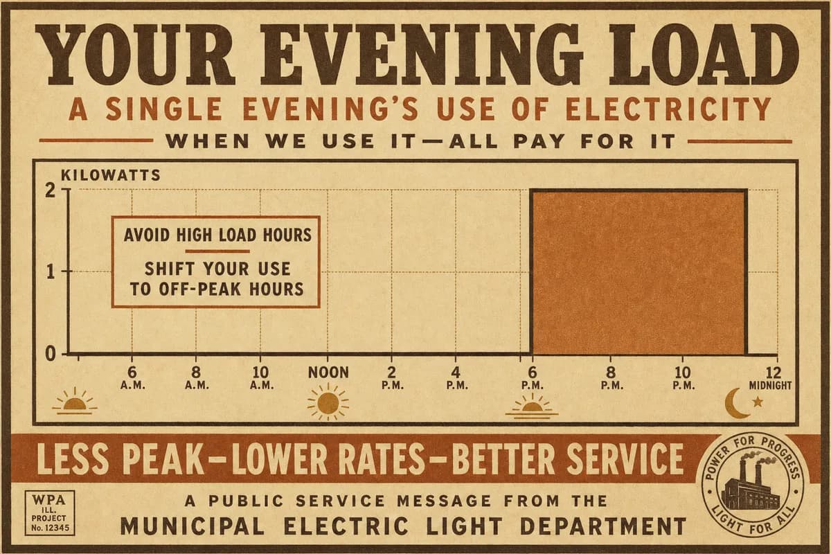 A load chart flat through the day, stepping up to two kilowatts at dusk, holding five hours, then dropping to zero, the lit block shaded.