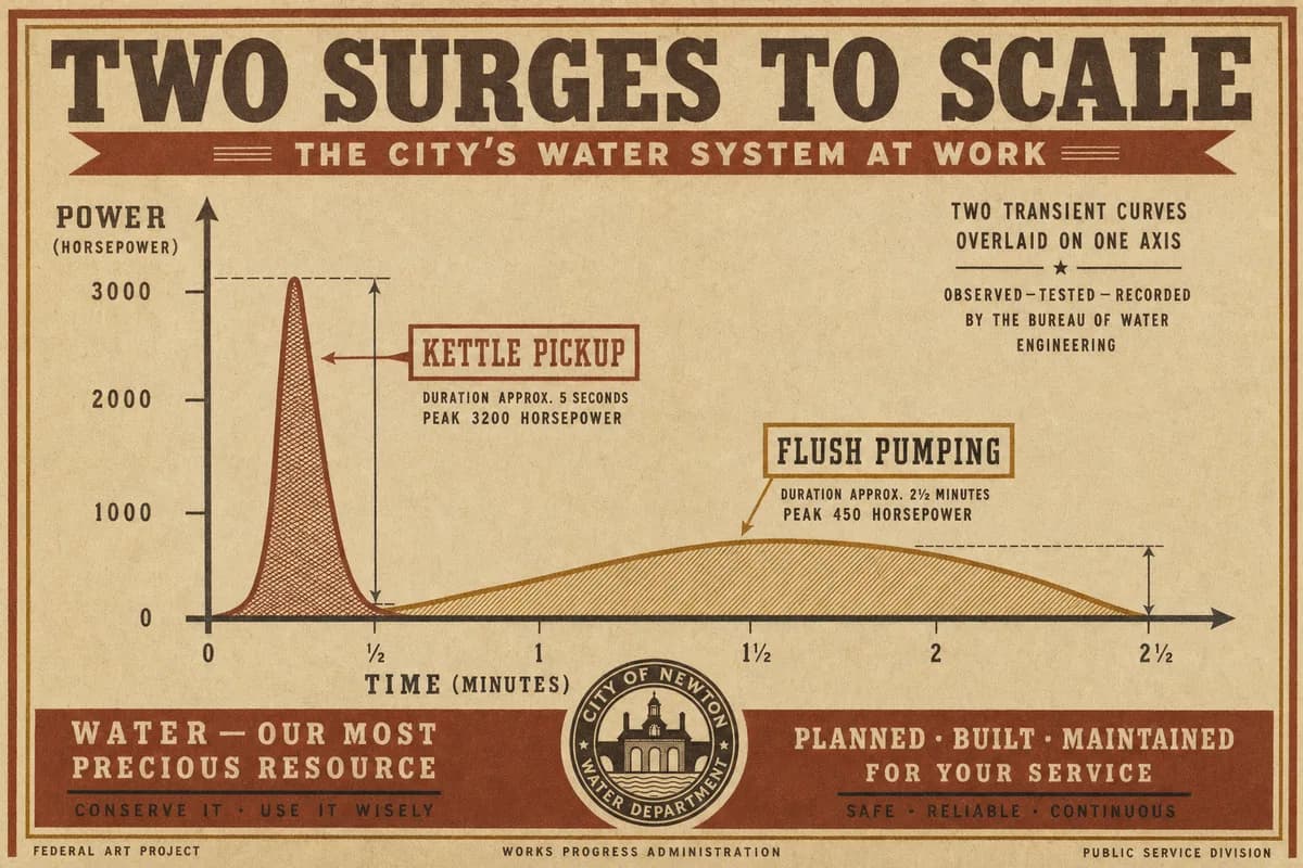 A Victorian scientific diagram overlaying two transient curves on one set of axes, a tall sharp spike labeled KETTLE PICKUP beside a low broad hump labeled FLUSH PUMPING, cross-hatched engraving under a banner reading TWO SURGES TO SCALE