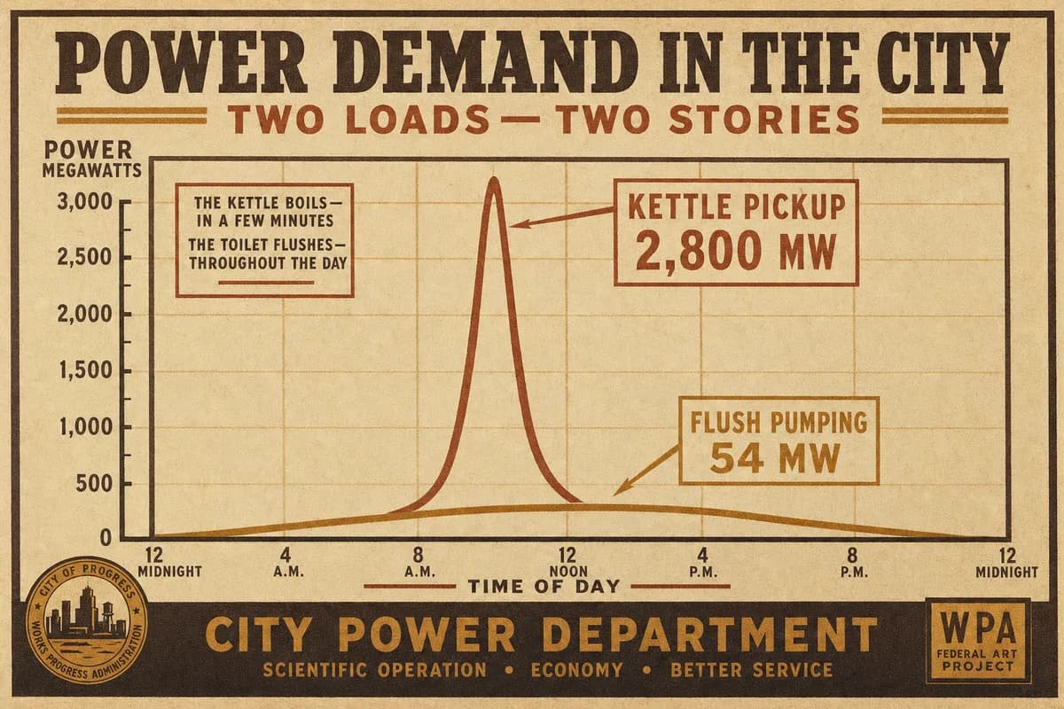 A chart overlaying a tall narrow demand spike for kettles against a low wide hump for flush pumping.