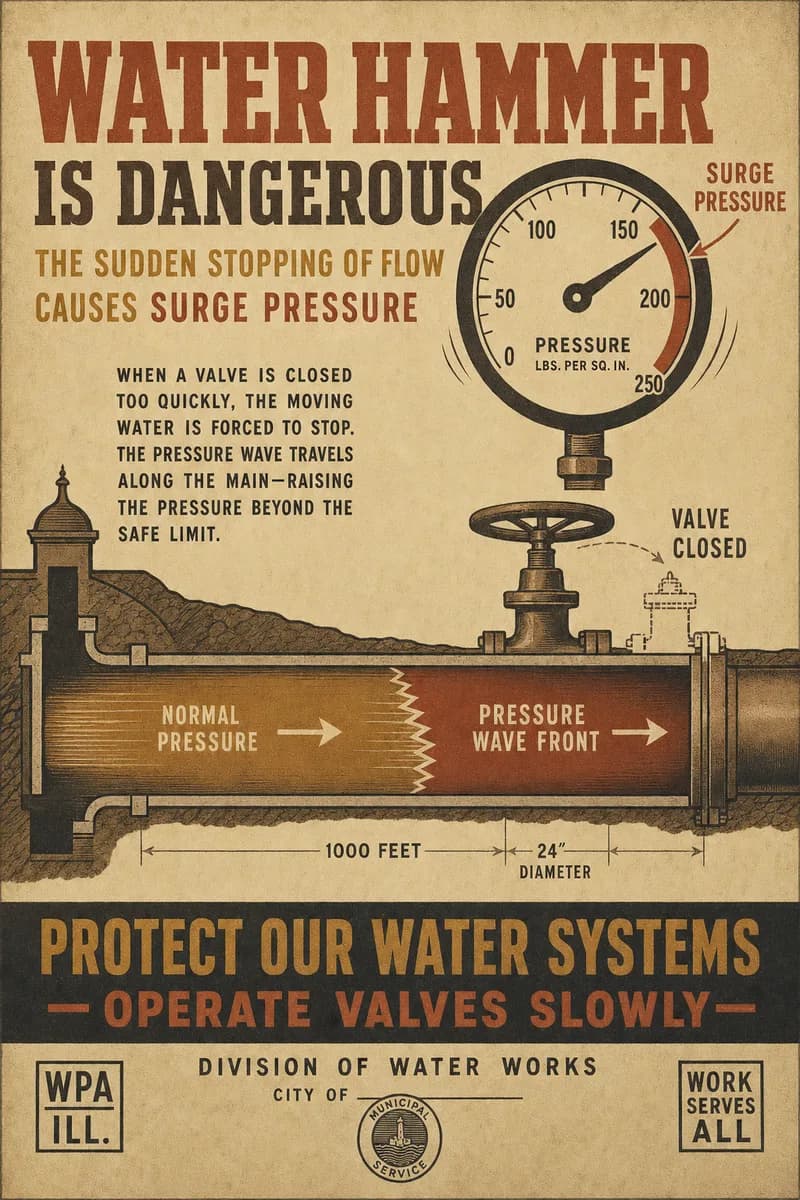 A sectional view of a water pipe with a pressure wave moving along it and a gauge needle jumping into a red band.