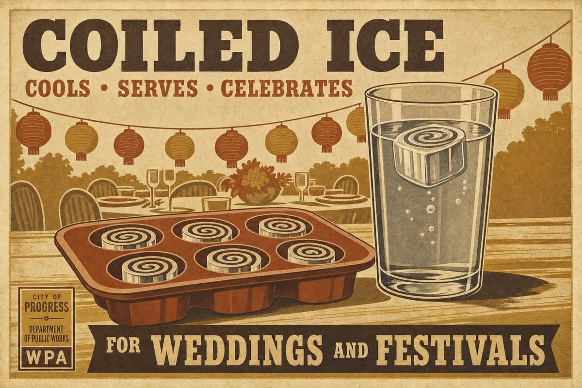 A WPA-style illustration of a silicone ice tray with coiled cavities resting on a counter beside a tall glass of water holding a single floating coiled cube, paper lanterns suggested behind, above a banner reading FOR WEDDINGS AND FESTIVALS.