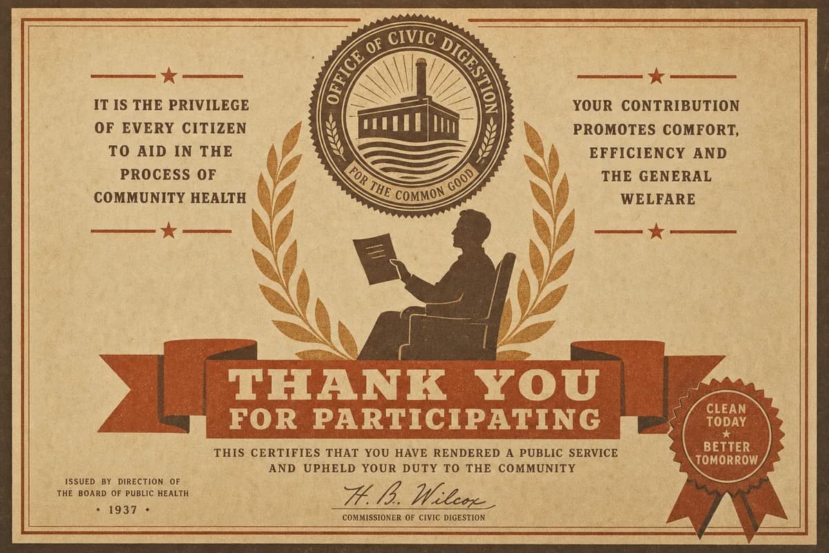 A municipal certificate of thanks bearing the seal of the Office of Civic Digestion, a laurel wreath encircling the silhouette of a seated contributor, with a ribbon seal at the lower corner, beneath a banner reading THANK YOU FOR PARTICIPATING.