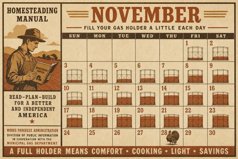 A November calendar showing a gas holder filling a little each day and reaching full beside the fourth Thursday, marked with a turkey.
