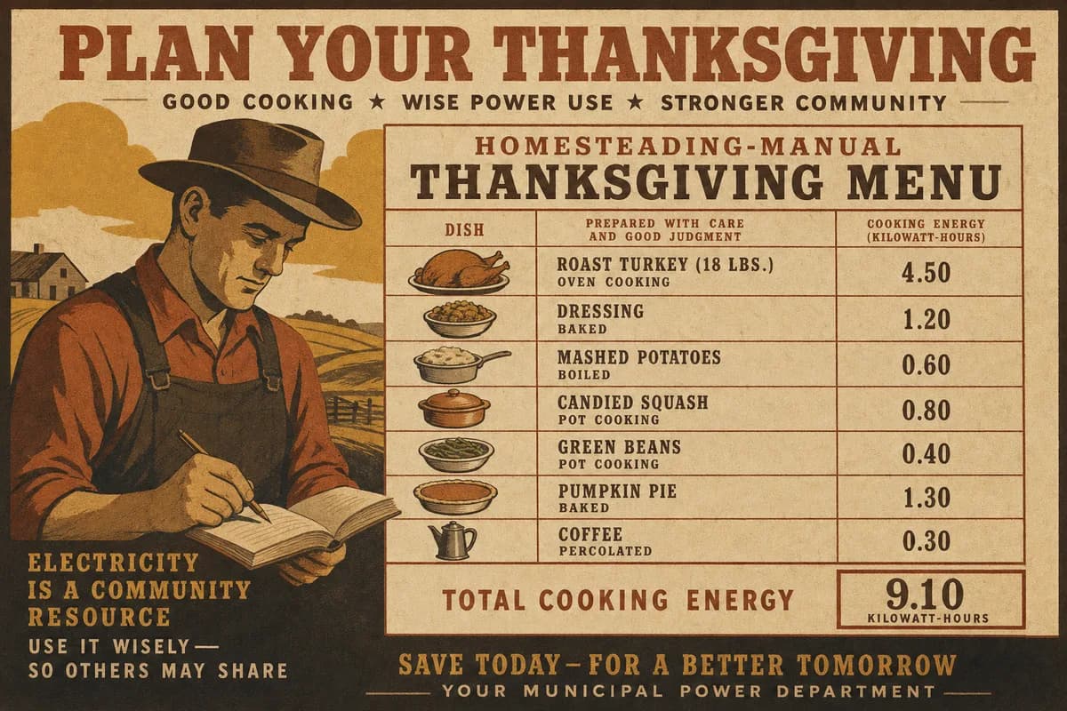 A ruled ledger of Thanksgiving dishes, each with its cooking energy in kilowatt-hours, totaled in a box at the bottom.